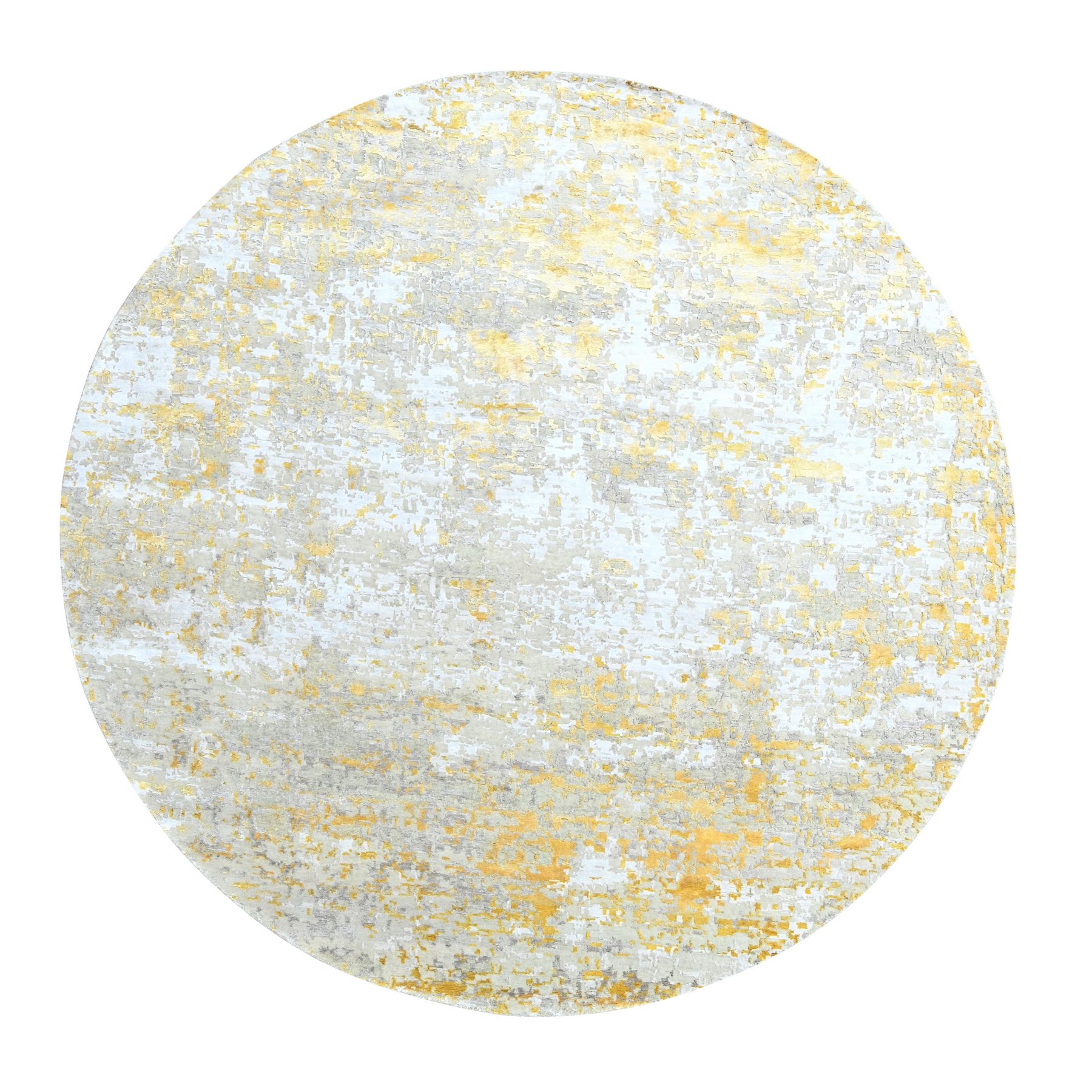 Beige with Gold, Abstract Design, Wool and Silk, Hi-Low Pile, Hand Knotted, Round, Oriental Rug